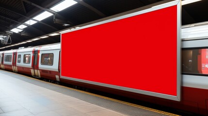 Fototapeta premium Urban advertising concept blank billboard in subway station with passing trains and commuters