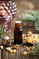 Frankincense essential oil in a brown dropper bottle with boswellia resin