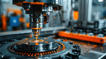 Close-up of a high-tech CNC machine processing metal with precision, showcasing industrial technology and manufacturing innovation.