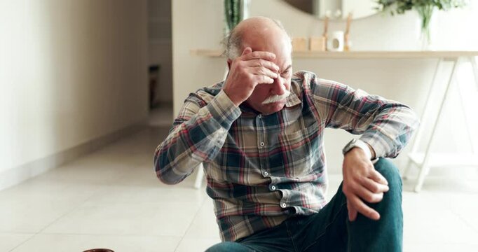 Senior man, fall and floor with stick for injury, pain or medical attention in retirement at home. Elderly male person with cane, headache or disbelief in accident from walk, slip or loss of balance