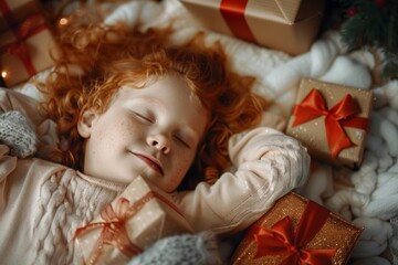 Curly redhead girl peacefully sleeps light feeling cozy. Nightlight white-skinned child lounges serene slumber. Comforting light symbolizes safety and warmth of nurturing home.