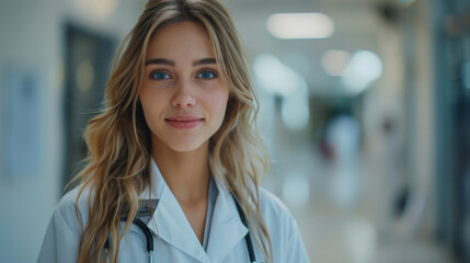 Naklejka premium Portrait of a smiling female doctor in a hospital corridor, symbolizing healthcare, professionalism, and medical services.