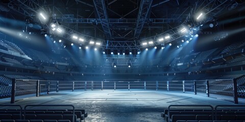 A dimly lit boxing ring in a stadium, ready for a fight