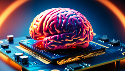 Brain on top of circuit board for futuristic illustration