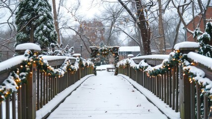 Snow-covered wooden bridge decorated with lights and garlands during winter