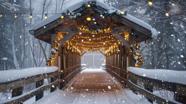Wooden covered bridge decorated with lights amidst snowy forest in winter