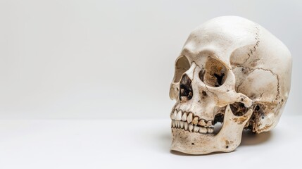 Obraz premium Human Skull on White Surface Facing Left