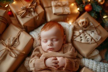 Softly resting infant redhead dreams calm serene look. Delicate ginger child rests angelic expression of serene innocence. Innocence of childhood dreams peaceful nurturing home.