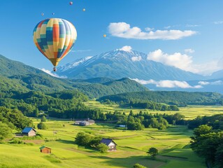 Obraz premium Hot air balloon flying over beautiful landscape with rice paddy in japan