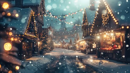 Snowy festive village street illuminated by colorful lights at night