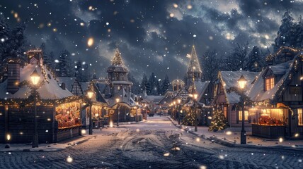 Snow-covered village at night with festive lights and decorations