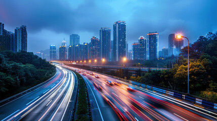 Fototapeta premium Modern city skyline at dusk with light streaks from fast-moving traffic on the highway, highlighting urban life and movement.