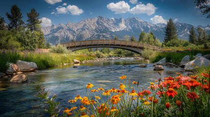 Naklejka premium Beautiful mountain scene featuring a wooden bridge, vibrant flowers, and a clear stream under a bright blue sky.