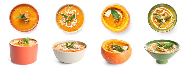 Set of healthy pumpkin soup on white background