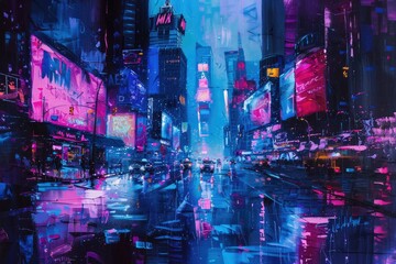 Fototapeta premium An acrylic neon painting of a bustling cityscape at night, with skyscrapers and neon signs reflecting off wet streets. 