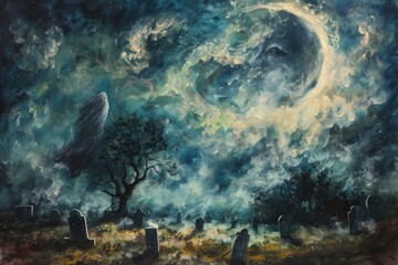 Obraz premium An acrylic painting of a ghostly figure floating above a graveyard, with tombstones and skeletal trees. The night sky is illuminated by a crescent moon and swirling mist