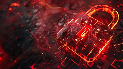 High-tech padlock with dynamic characters overlay, illustrating secure connections, intense red details,