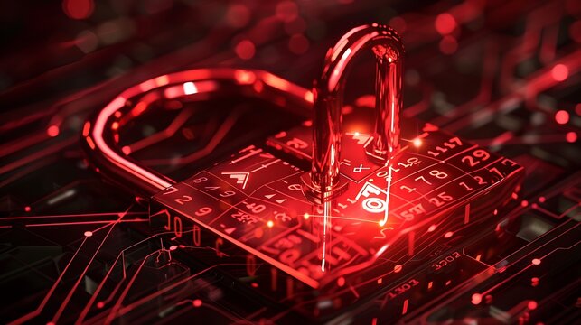 High-tech padlock with shifting alphanumeric codes, symbolizing internet security, intense red details,