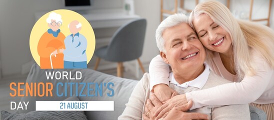 Banner for World Senior Citizen Day with happy couple at home