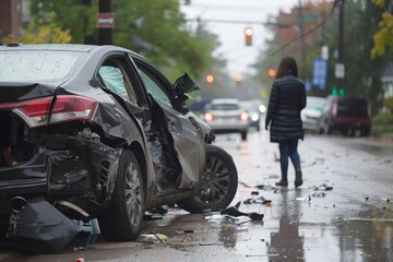 Wrecked car on a rainy street with a woman walking away. Accident and aftermath concept