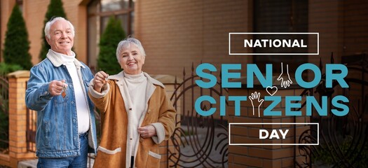 Banner for National Senior Citizen Day with happy couple with keys of their new home