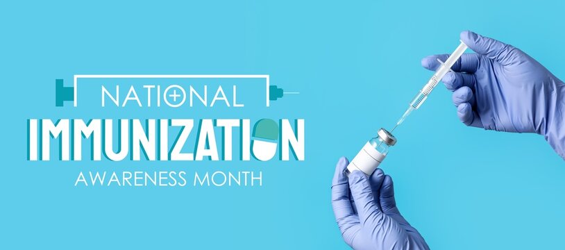 Doctor's hands with syringe and vaccine on blue background. Banner for National Immunization Awareness Month