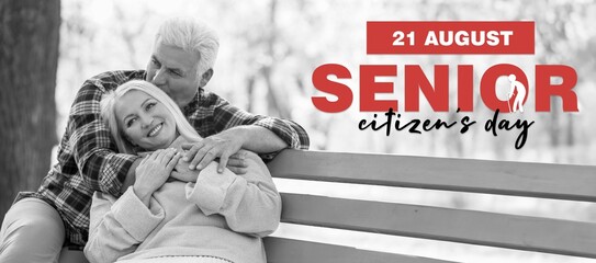 Banner for Senior Citizen Day with happy couple in park