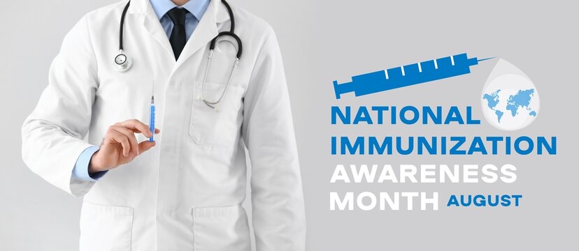 Doctor with syringe on light background. Banner for National Immunization Awareness Month - Powered by Adobe