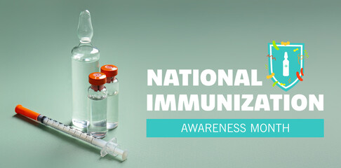 Medical ampules with syringe on green background