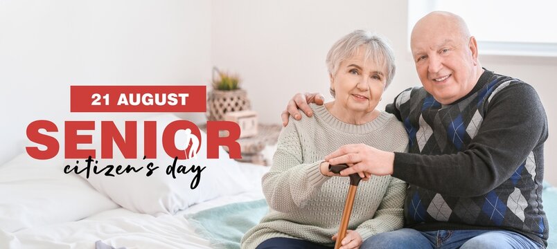 Banner for Senior Citizen Day with happy couple at home