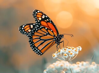 Obraz premium Monarch butterfly resting on white flower, closeup of the side view with a blurred background