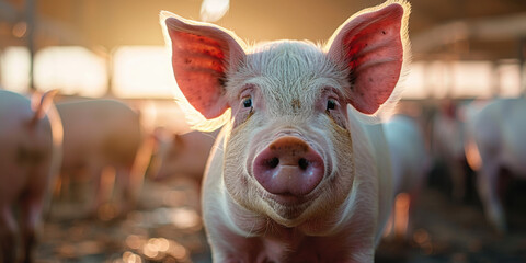 Close-up of a piglet in a farm barn, illuminated by sunlight, capturing the innocence and curiosity of farm animals.