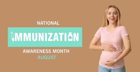 Young pregnant woman after vaccination on beige background. Banner for National Immunization...
