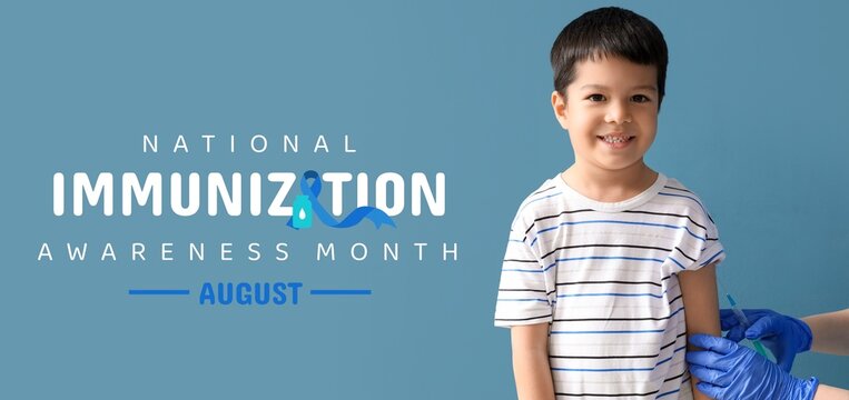 Little boy receiving vaccine on blue background. Banner for National Immunization Awareness Month