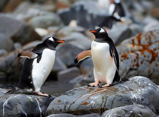 Obraz premium Penguins doing funny poses on rocks in Antarctica