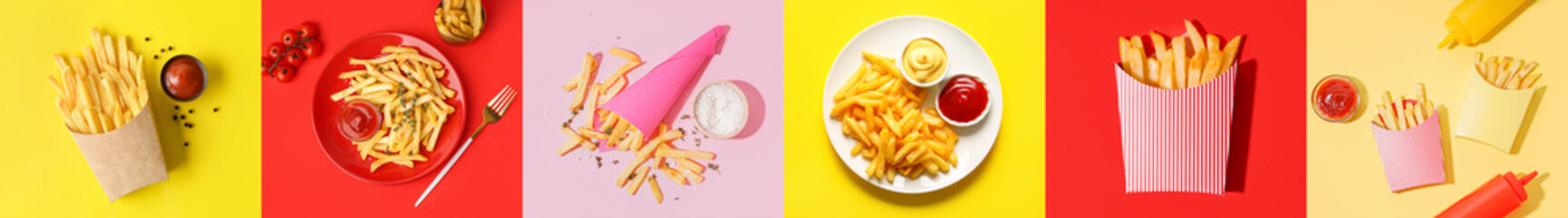 Collage of tasty french fries and sauces on color background, top view