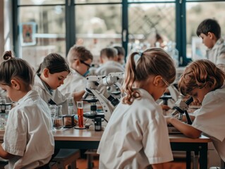 Fototapeta premium Middle school students in a science lab, conducting experiments with microscopes and lab equipment. 