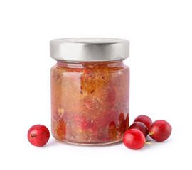 Jar with tasty gooseberry jam on white background