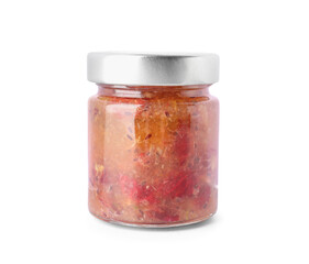 Jar with tasty gooseberry jam on white background