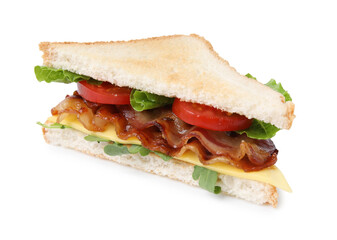 Delicious sandwich with fried bacon isolated on white