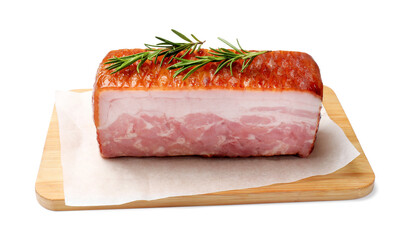 Piece of raw bacon and rosemary isolated on white