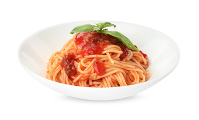 Delicious pasta with tomato sauce and basil in bowl isolated on white