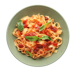 Delicious pasta with tomato sauce and basil in bowl isolated on white, top view