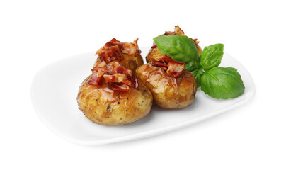 Delicious baked potatoes with bacon and basil isolated on white