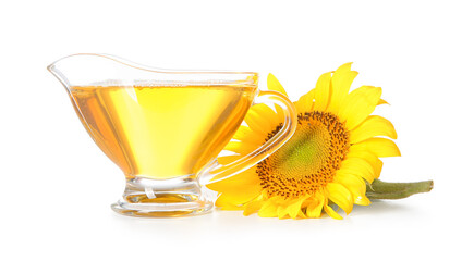 Gravy boat of sunflower oil on white background