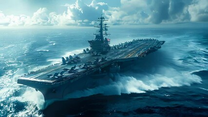 A large warship aircraft carrier sails in the sea ocean guards the borders