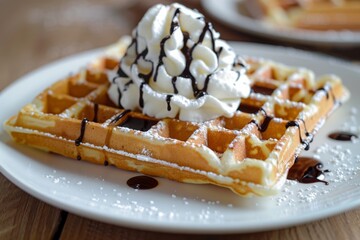 mouthwatering waffles with whipped cream and chocolate 