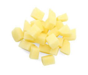 Pile of fresh cut potato isolated on white, top view
