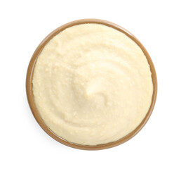 Delicious hummus in bowl isolated on white, top view