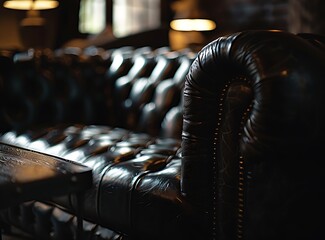 Obraz premium Photograph of a leather sofa and coffee table in a dark room, with a closeup of the texture of a genuine black chesterfield style seat with buttons for seating comfort, with the background blurred 